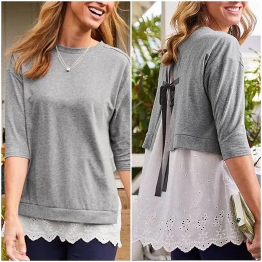Matilda Jane In The Clouds Gray White Embroidered Eyelet Bow Knit Top Size S